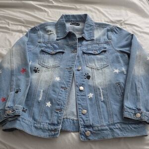 Light Blue Distressed Denim Jacket with Star & Paw Prints Sz M Very Good Cond